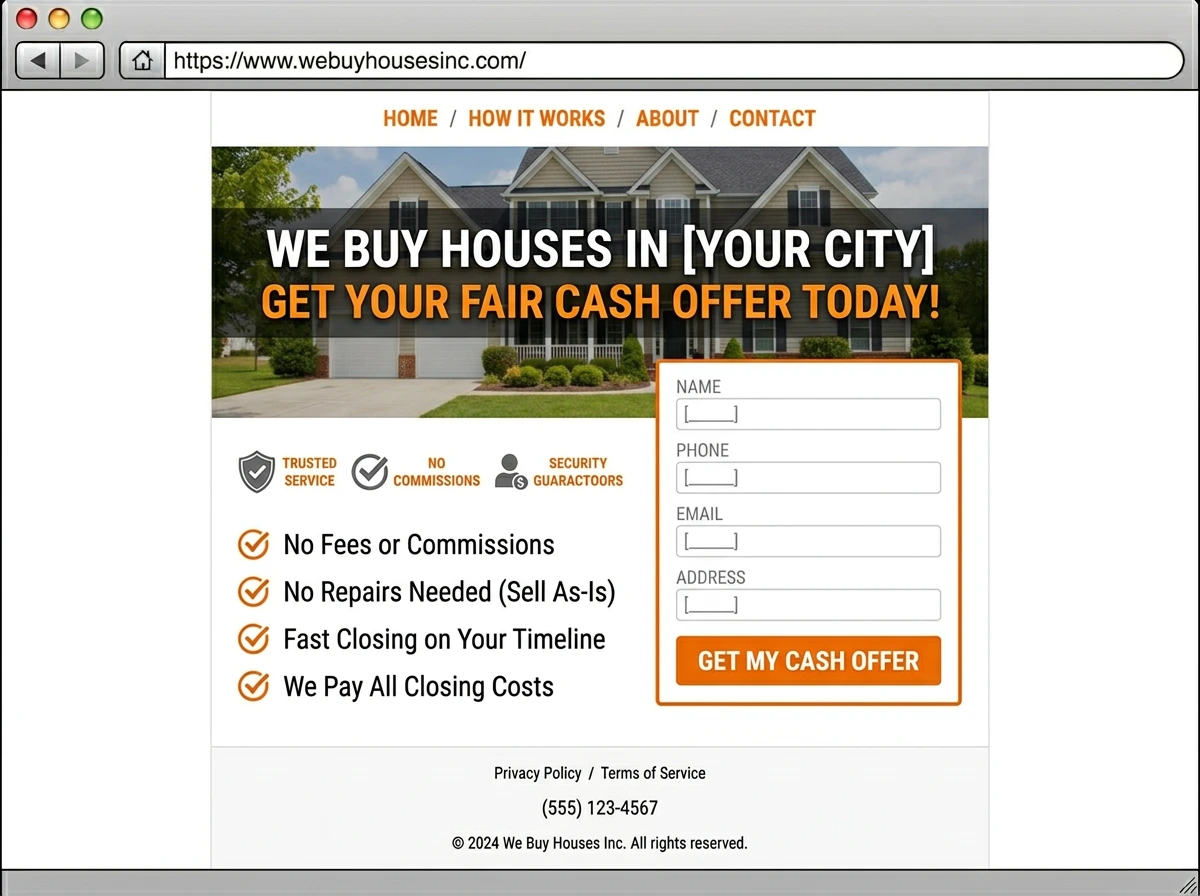 A generic template website landing page with no conversion strategy
